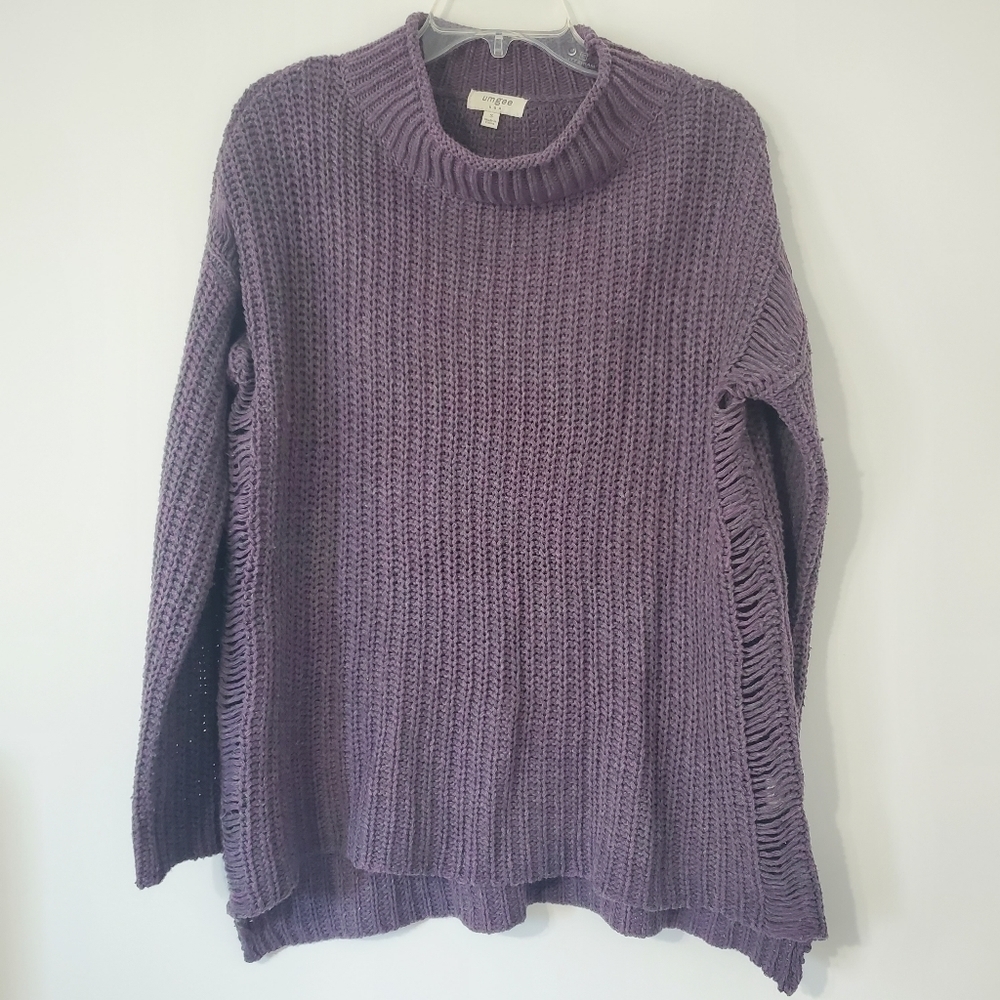 UMGEE Purple Gray Chunky Knit Sweater Size Small High Neck Open Distressed Sides
